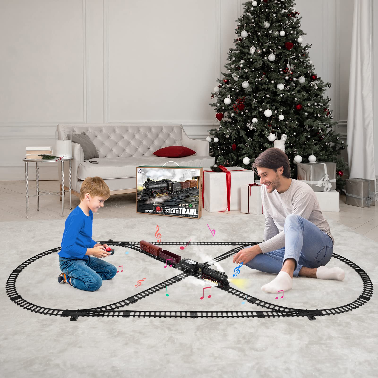 JONEALA Train Set with Remote Control,Electric Train Track Around Christmas Tree W/Cargo Vehicle,Light & Sounds,Alloy Steam Locomotive Engine Train Toy Gift for Boys Girls 4 5 6 7 8 9 10