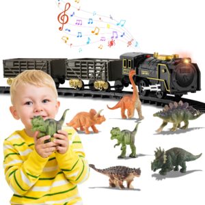 dinosaur toys train set for boys with tracks & 6 mini dinosaur figures, electric train sound & light, ideal for dinosaur birthday decorations, toddler gift toys for kids 3-5 dino party favor supplies