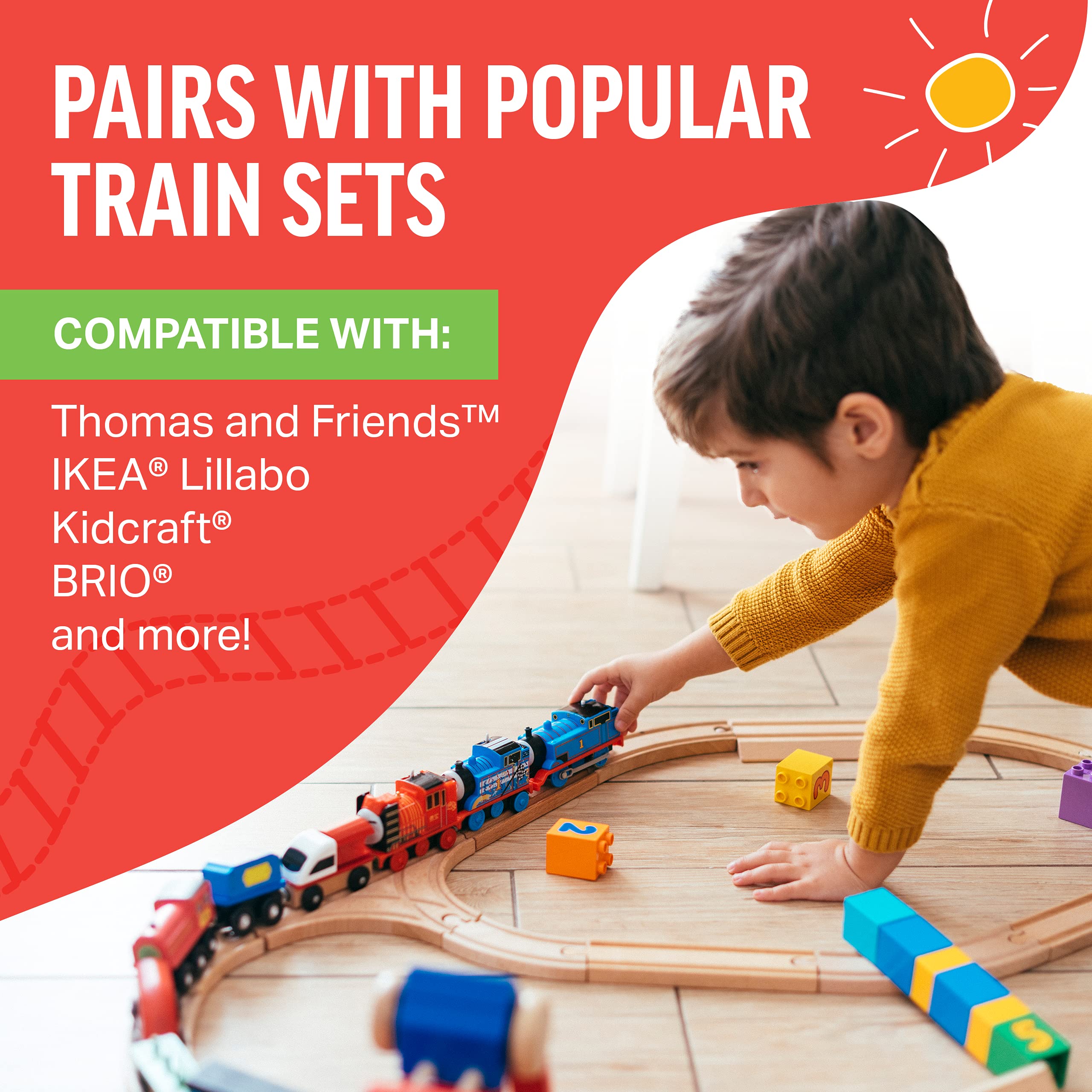 Tiny Conductors Wooden Train Set - 52-Piece Train Track Collection Compatible w/ Thomas The Train & Other Major Railroad Toy Brands, Wooden Toys for Girls & Boys