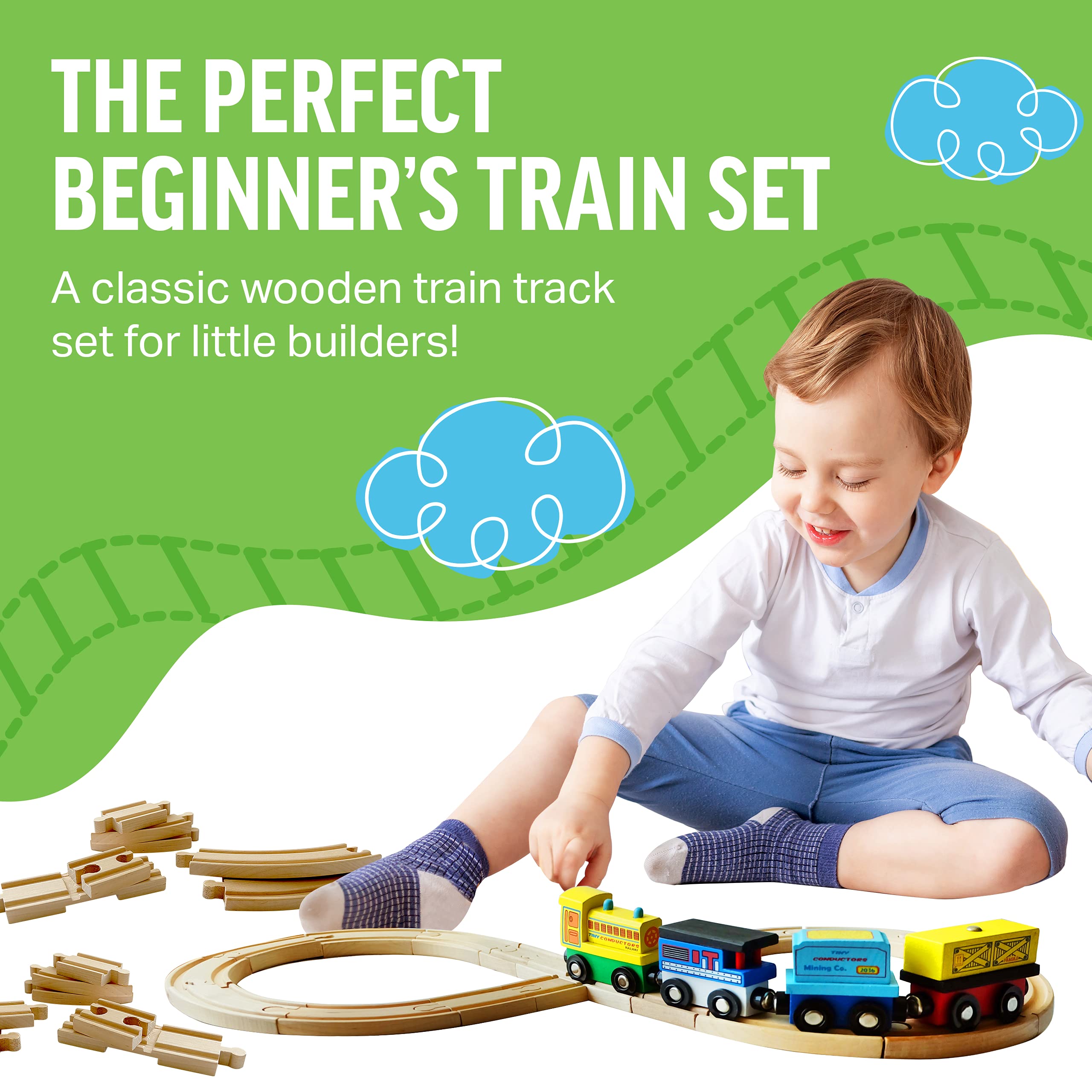 Tiny Conductors Wooden Train Set - 52-Piece Train Track Collection Compatible w/ Thomas The Train & Other Major Railroad Toy Brands, Wooden Toys for Girls & Boys