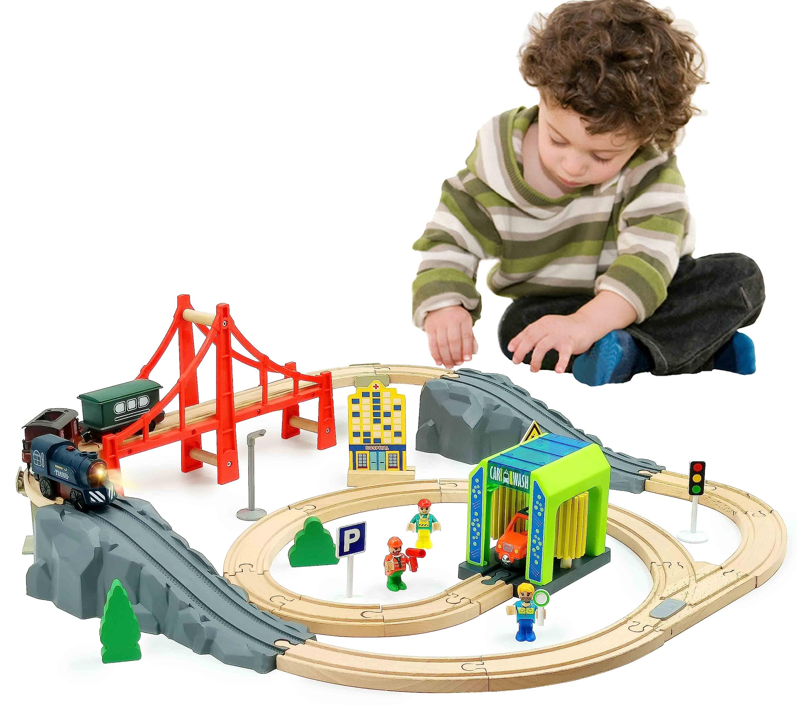 Battery Operated Train for Wooden Track, 3Pcs Train Toy Set for 3 4 5+Years old Boy Girl Toddlers, Motorized Train Accessories Electric Train Compatible with Thomas & Friends, Brio and Chuggington