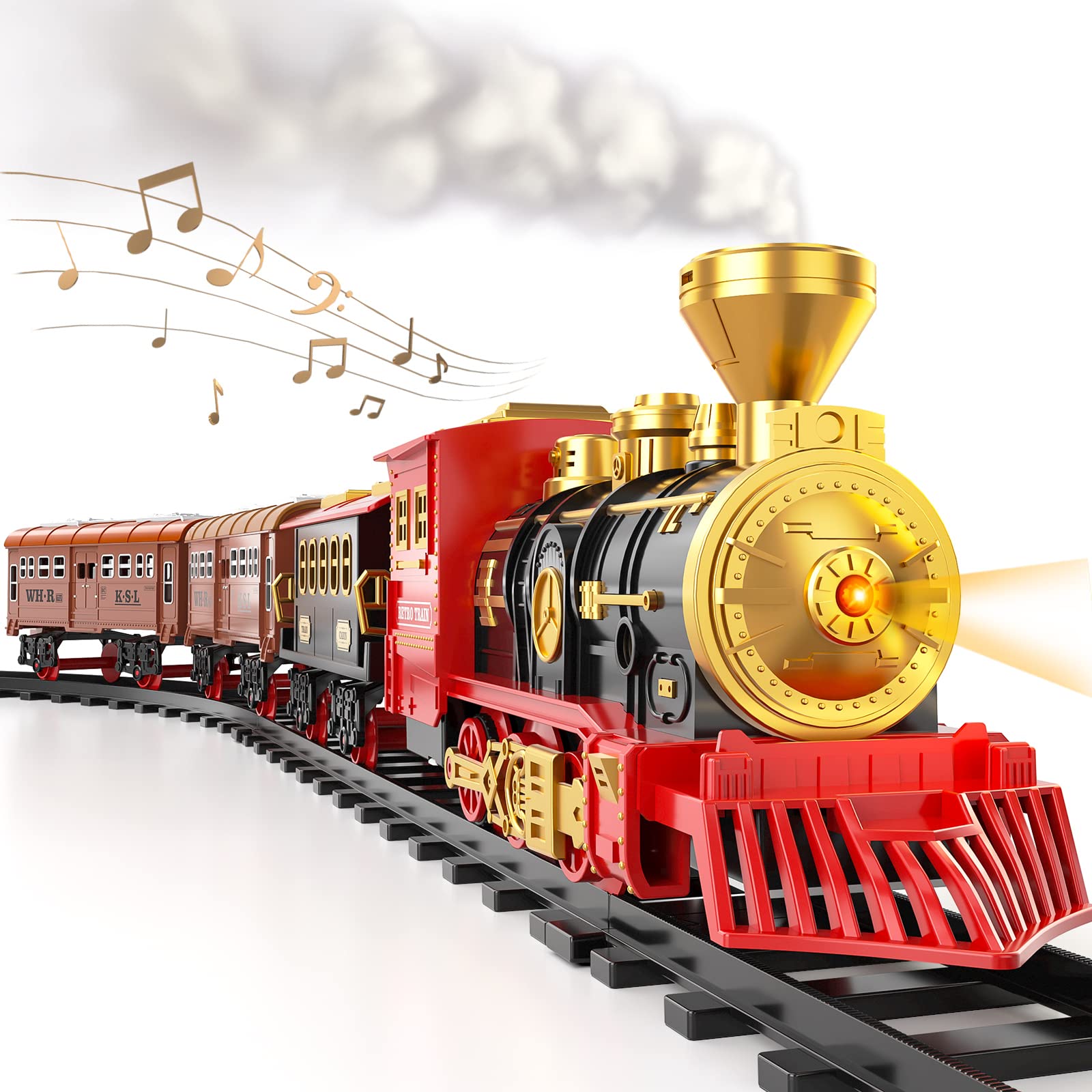 Locomoto Train Set - Electric Train Toys w/Smoke, Light and Sounds (ON/Off), Toddler Train Sets for Boys 2-4 w/Steam Locomotive Engine, Carriages and Tracks, Christmas Toy Train for Preschool Kids