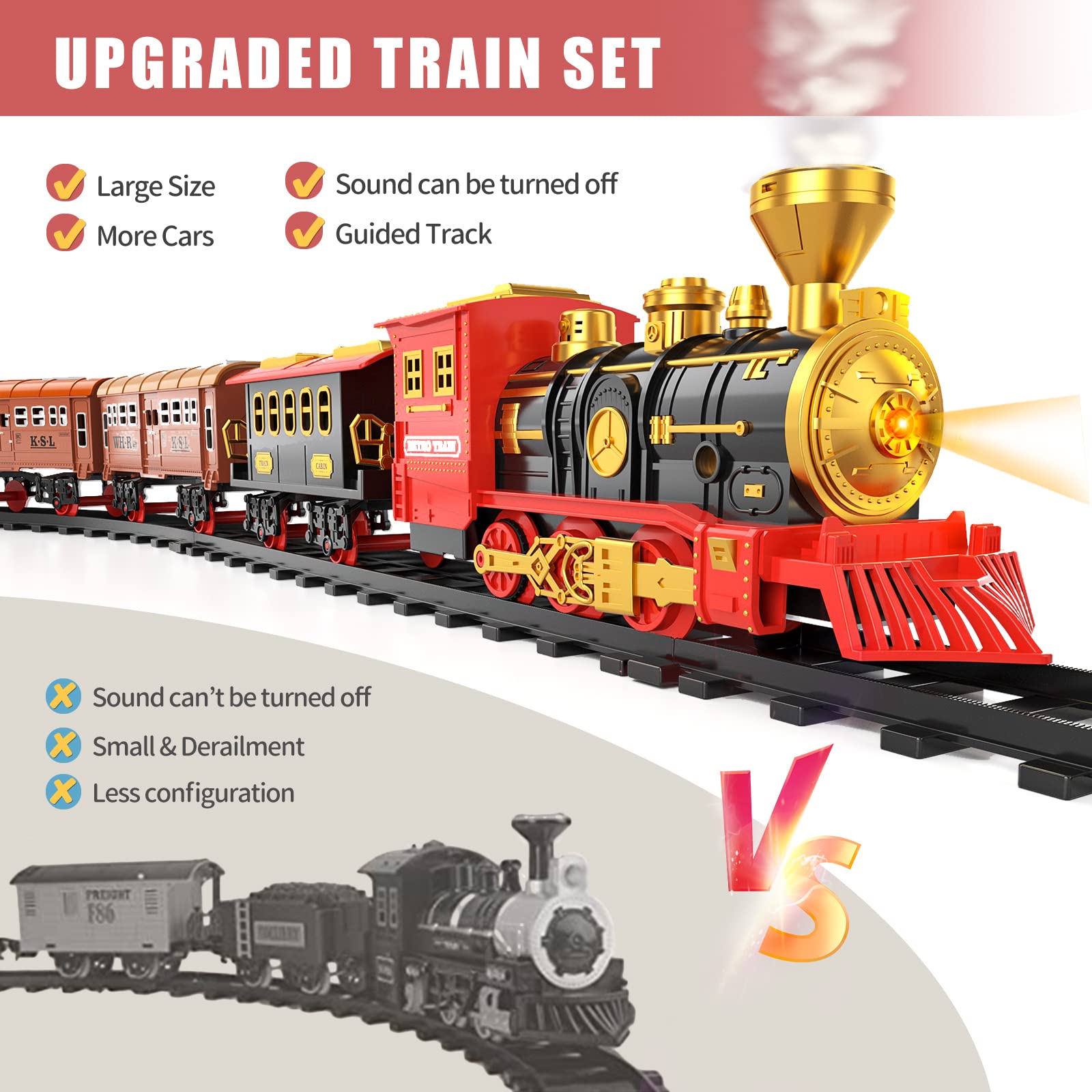 Locomoto Train Set - Electric Train Toys w/Smoke, Light and Sounds (ON/Off), Toddler Train Sets for Boys 2-4 w/Steam Locomotive Engine, Carriages and Tracks, Christmas Toy Train for Preschool Kids