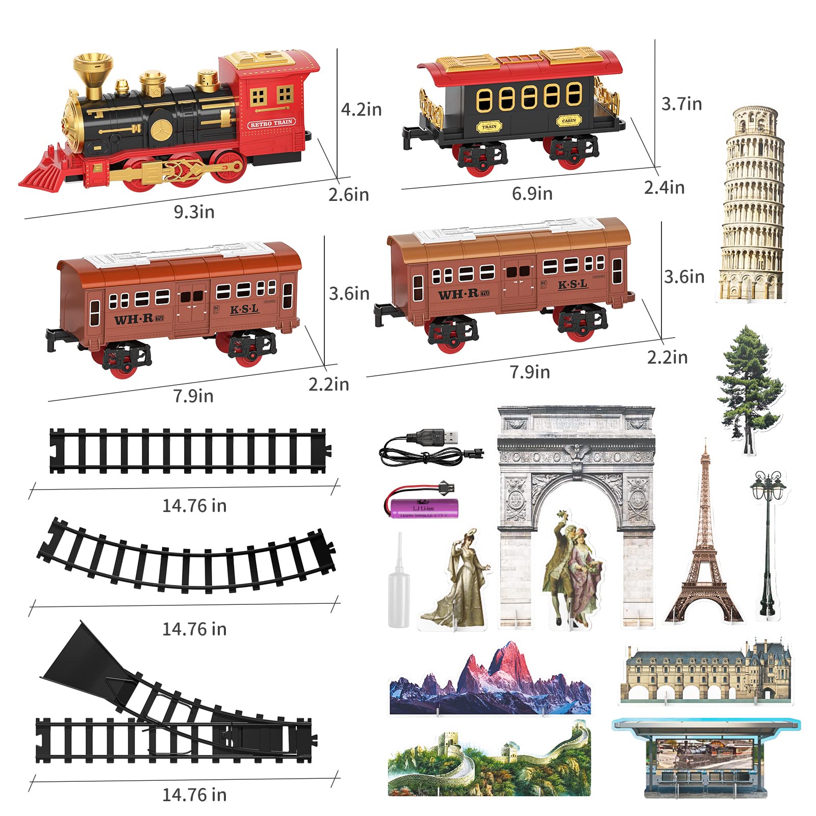 Locomoto Train Set - Electric Train Toys w/Smoke, Light and Sounds (ON/Off), Toddler Train Sets for Boys 2-4 w/Steam Locomotive Engine, Carriages and Tracks, Christmas Toy Train for Preschool Kids