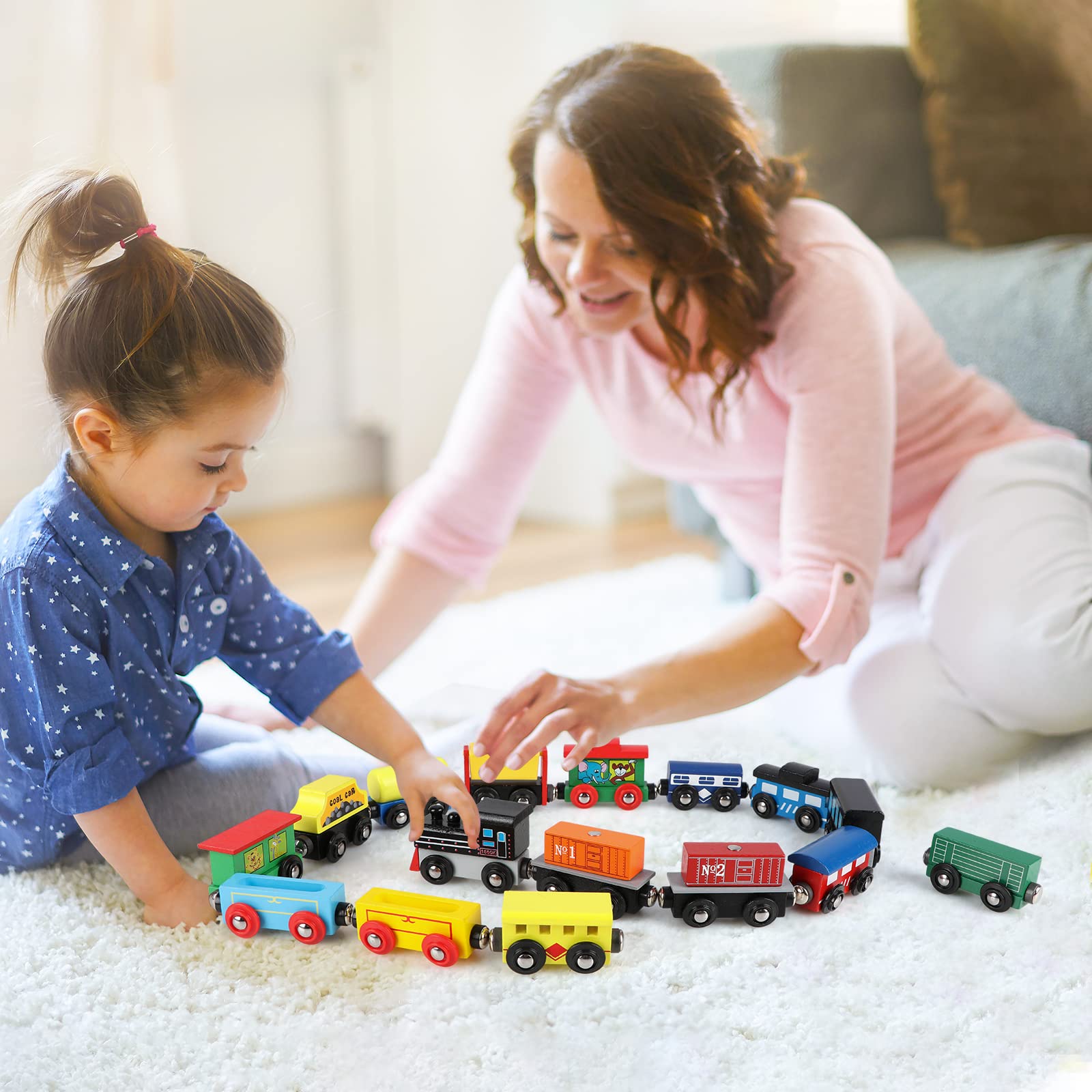 Wondertoys Wooden Train Set 16 PCS Train Toys Magnetic Set includes Storage Bag - Wooden Train Track Accessories - Wooden Magnetic Train Set for Toddlers Kids Boys and Girls