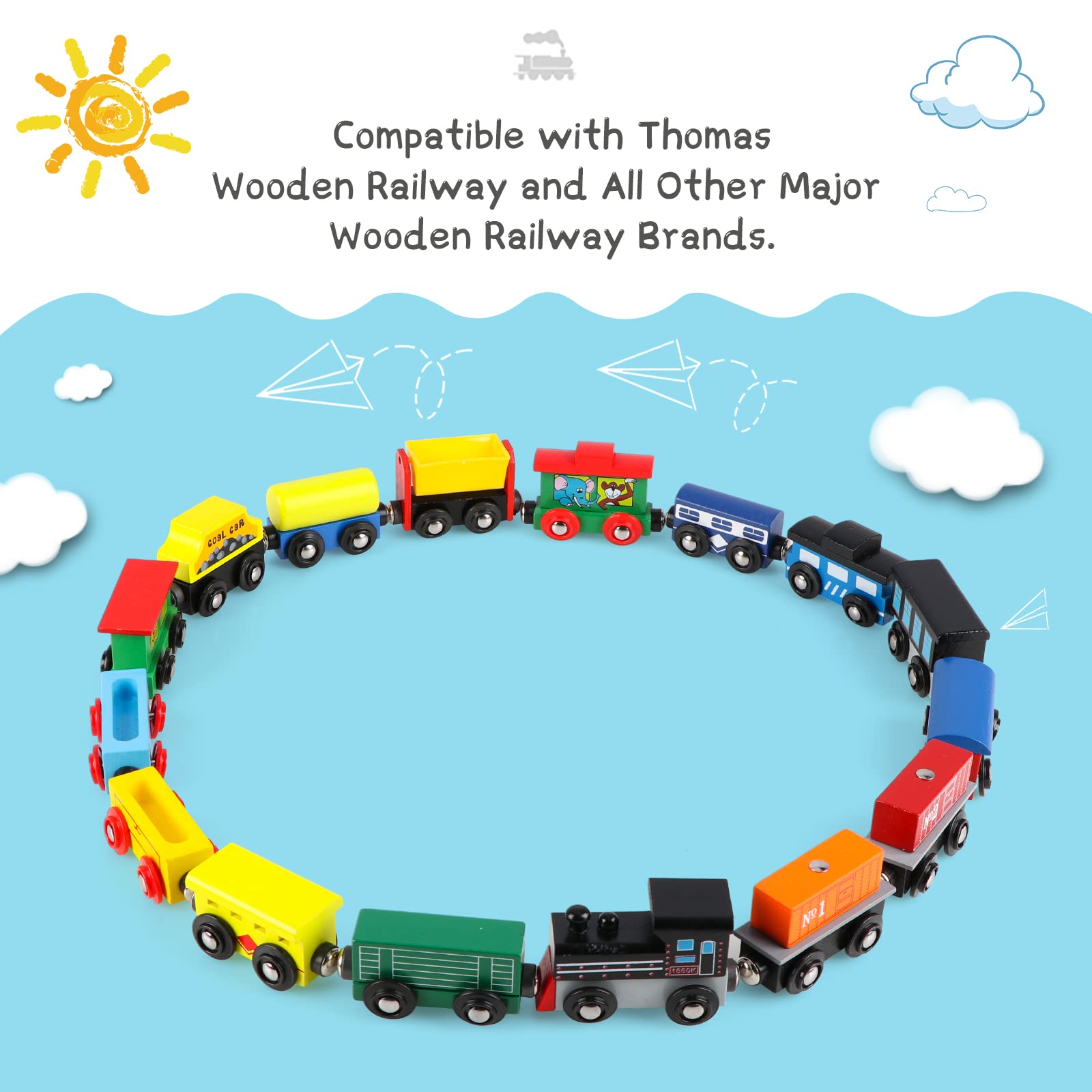 Wondertoys Wooden Train Set 16 PCS Train Toys Magnetic Set includes Storage Bag - Wooden Train Track Accessories - Wooden Magnetic Train Set for Toddlers Kids Boys and Girls