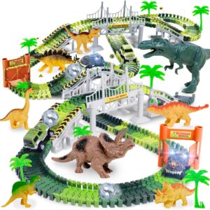 dinosaur toys, create a dinosaur world road race glow in the dark car race cars for boys & girls ages 3 4 5 6 7, flexible train tracks set with for kids christmas birthday gifts