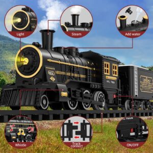 Electric Rechargeable Train Toy with Steam Engine for Kids 3 4 5 6 7+ Years Old, Model Train Set, Light and Sounds for Boys & Girls