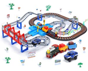 cute stone toy train set for toddler, train track set with cars, electric train with realistic sound, train track playset for 3 4 5 years old girls & boys