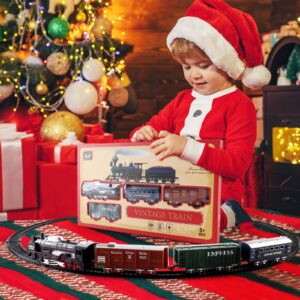 deAO Christmas Train Set Toys for Kids, Toy Train Track Locomotive Engine Battery Powered Railway Kits with Road Signs and Tracks Birthday Gifts for Age 3 4 5 6 7