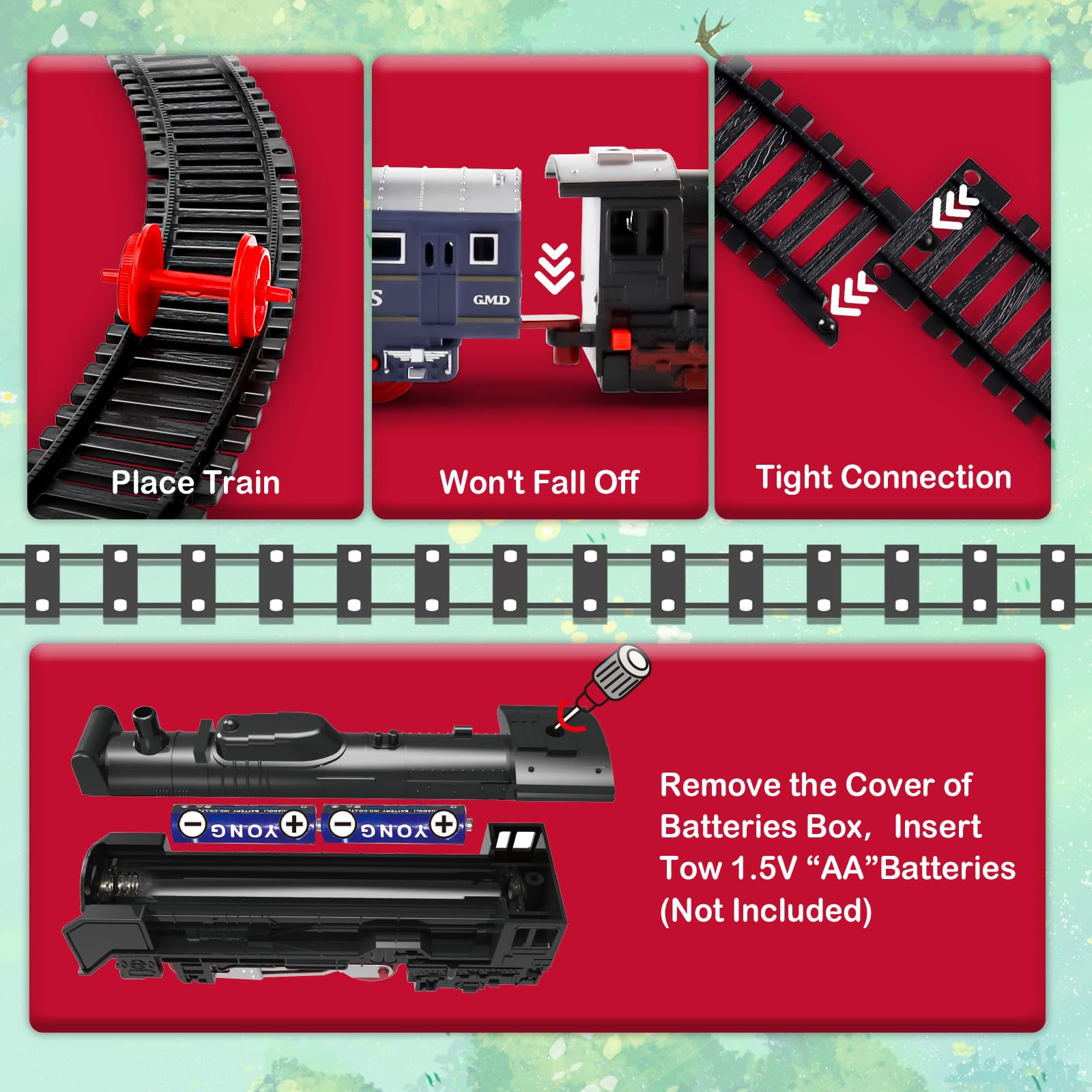 deAO Christmas Train Set Toys for Kids, Toy Train Track Locomotive Engine Battery Powered Railway Kits with Road Signs and Tracks Birthday Gifts for Age 3 4 5 6 7