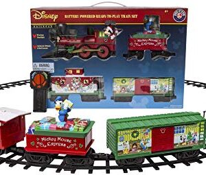 Lionel Battery-Operated Disney Mickey Mouse Express Toy Train Set with Locomotive, Train Cars, Track & Remote with Authentic Train Sounds, & Lights for Kids 4+