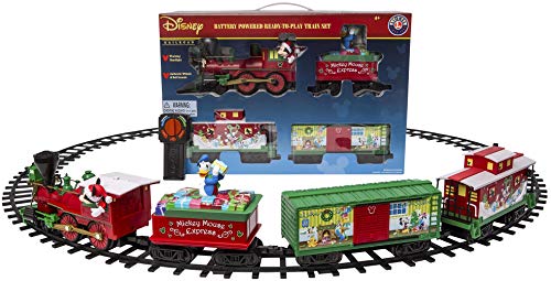 Lionel Battery-Operated Disney Mickey Mouse Express Toy Train Set with Locomotive, Train Cars, Track & Remote with Authentic Train Sounds, & Lights for Kids 4+