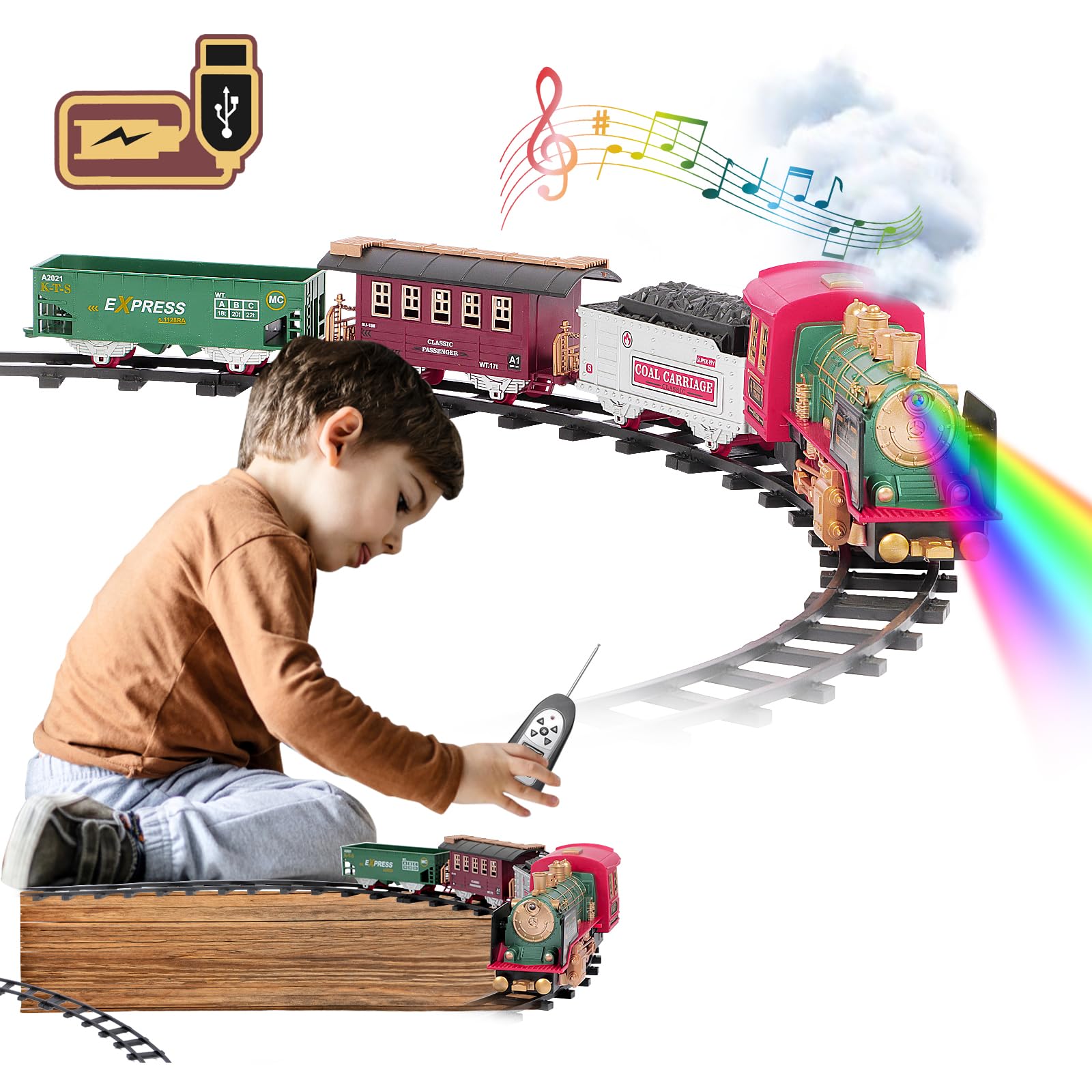 Train Set for Christmas Tree, Updated Chargeable Remote Control Electric Train Toy for Boys Girls w/Smokes, Lights & Sound, Railway Kits w/Steam Locomotive Engine, for 2 3 4 5 6 7 8+ Year Old Kids