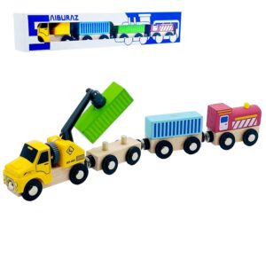 Wooden Trains Cars with Crane Magnetic Train Toys for Wooden Train Tracks Train Sets for Toddlers and Kids Ages 3+ (Crane Train)