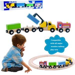 Wooden Trains Cars with Crane Magnetic Train Toys for Wooden Train Tracks Train Sets for Toddlers and Kids Ages 3+ (Crane Train)