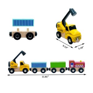 Wooden Trains Cars with Crane Magnetic Train Toys for Wooden Train Tracks Train Sets for Toddlers and Kids Ages 3+ (Crane Train)