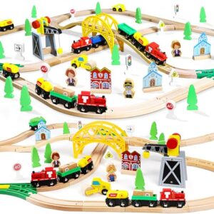 toy life train set 60pcs wooden train set with crane, wooden train tracks toy train set for toddlers 2-4 3-5, kids toys for 3 year old boys - fits thomas brio melisa chugginton train track set