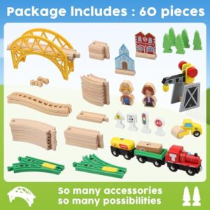 TOY Life Train Set 60pcs Wooden Train Set with Crane, Wooden Train Tracks Toy Train Set for Toddlers 2-4 3-5, Kids Toys for 3 Year Old Boys - Fits Thomas Brio Melisa Chugginton Train Track Set