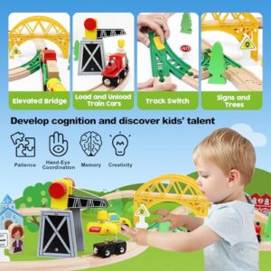 TOY Life Train Set 60pcs Wooden Train Set with Crane, Wooden Train Tracks Toy Train Set for Toddlers 2-4 3-5, Kids Toys for 3 Year Old Boys - Fits Thomas Brio Melisa Chugginton Train Track Set