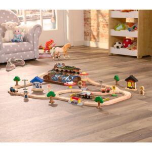 KidKraft Bucket Top Mountain Train Set with 61 Pieces, Magnetic Train, Wooden Tracks and Storage, Gift for Ages 3+