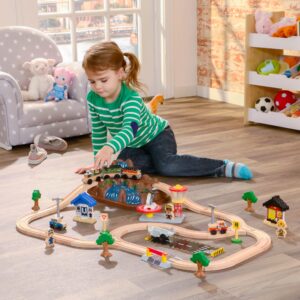 KidKraft Bucket Top Mountain Train Set with 61 Pieces, Magnetic Train, Wooden Tracks and Storage, Gift for Ages 3+