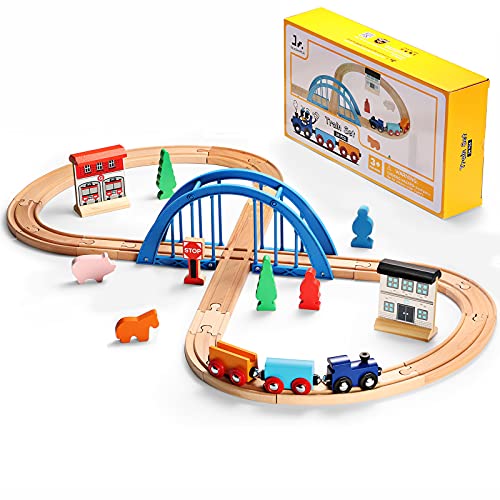 SainSmart Jr. Wooden Train Set 34pcs Figure 8 for Toddlers Kids with Train Tracks Bridge Fits Brio, Thomas, Melissa and Doug, Chuggington Wood Toy Train for 3 4 5 Years Old Boys and Girls