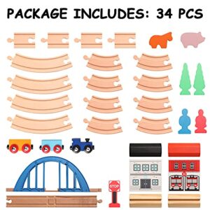 SainSmart Jr. Wooden Train Set 34pcs Figure 8 for Toddlers Kids with Train Tracks Bridge Fits Brio, Thomas, Melissa and Doug, Chuggington Wood Toy Train for 3 4 5 Years Old Boys and Girls