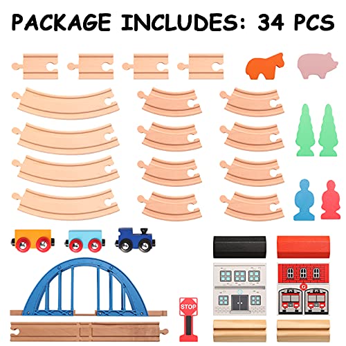 SainSmart Jr. Wooden Train Set 34pcs Figure 8 for Toddlers Kids with Train Tracks Bridge Fits Brio, Thomas, Melissa and Doug, Chuggington Wood Toy Train for 3 4 5 Years Old Boys and Girls