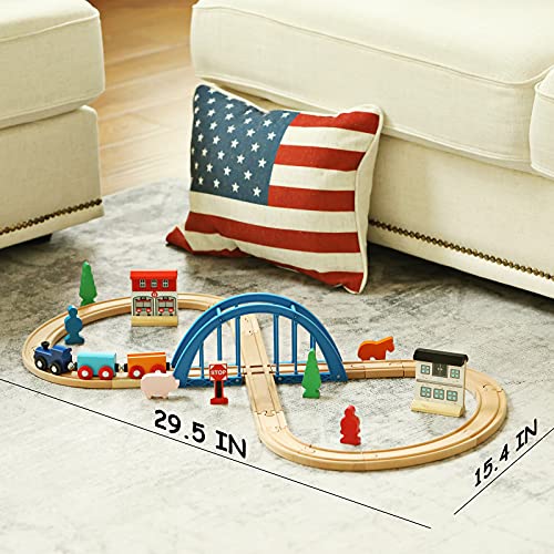 SainSmart Jr. Wooden Train Set 34pcs Figure 8 for Toddlers Kids with Train Tracks Bridge Fits Brio, Thomas, Melissa and Doug, Chuggington Wood Toy Train for 3 4 5 Years Old Boys and Girls