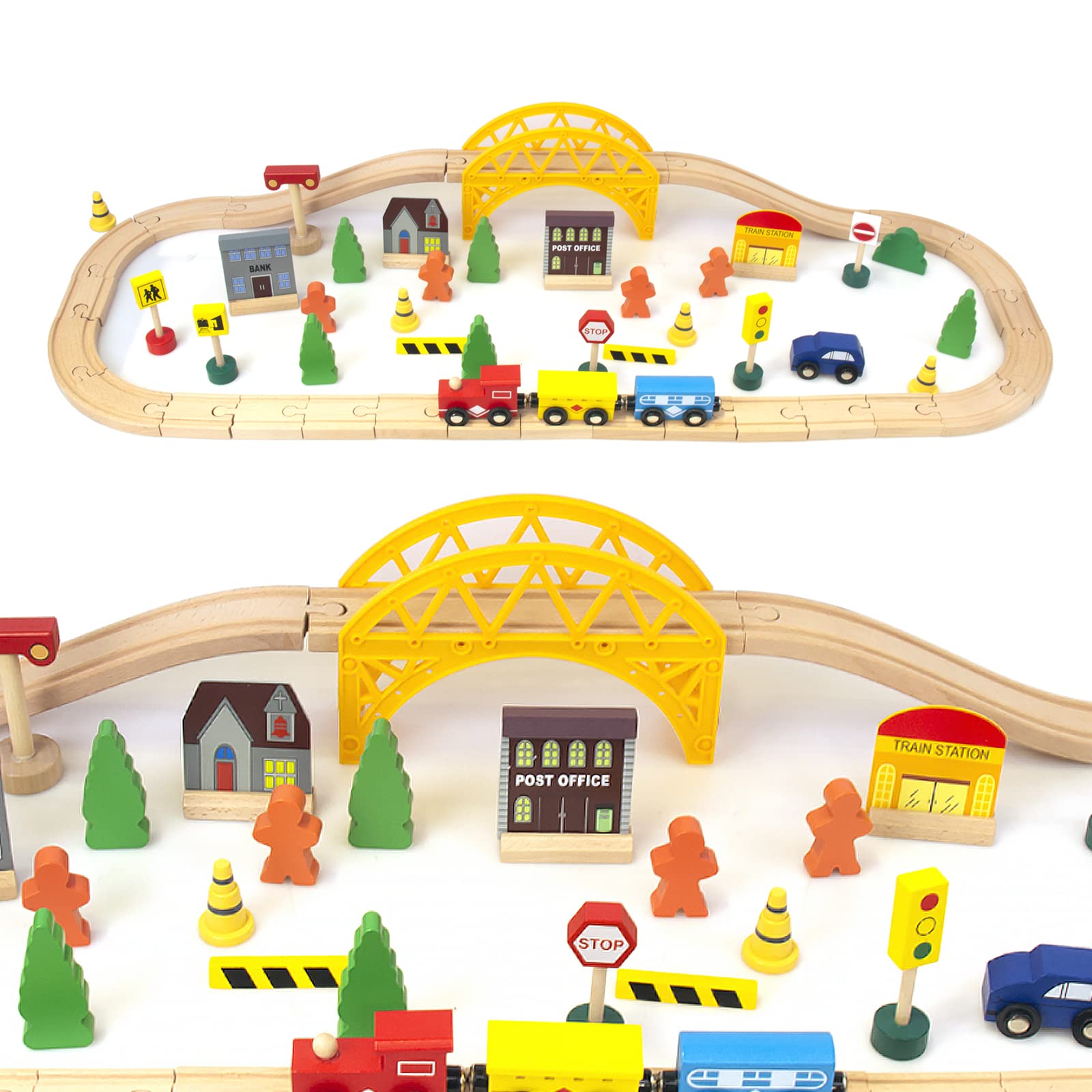 60Pcs Train Set for 3 Year Old Boys, Double-Side Wooden Train Set Tracks for Toddlers, Fits Brio, Thomas, Melissa and Doug, Kids Wood Train Toys for 3 4 5 Year Old Boys and Girls (Yellow)