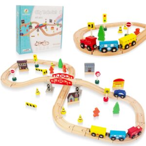 WoodenEdu 60Pcs Train Set for Toddlers, Bridge & Double-Side Wooden Train Set Tracks, Fits Brio, Thomas, Melissa and Doug, Kids Gift Toys for 3 4 5 Years Old Boys Girls