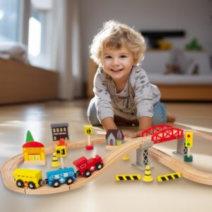 WoodenEdu 60Pcs Train Set for Toddlers, Bridge & Double-Side Wooden Train Set Tracks, Fits Brio, Thomas, Melissa and Doug, Kids Gift Toys for 3 4 5 Years Old Boys Girls