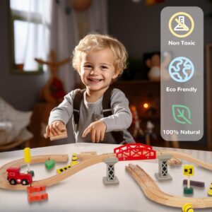 WoodenEdu 60Pcs Train Set for Toddlers, Bridge & Double-Side Wooden Train Set Tracks, Fits Brio, Thomas, Melissa and Doug, Kids Gift Toys for 3 4 5 Years Old Boys Girls