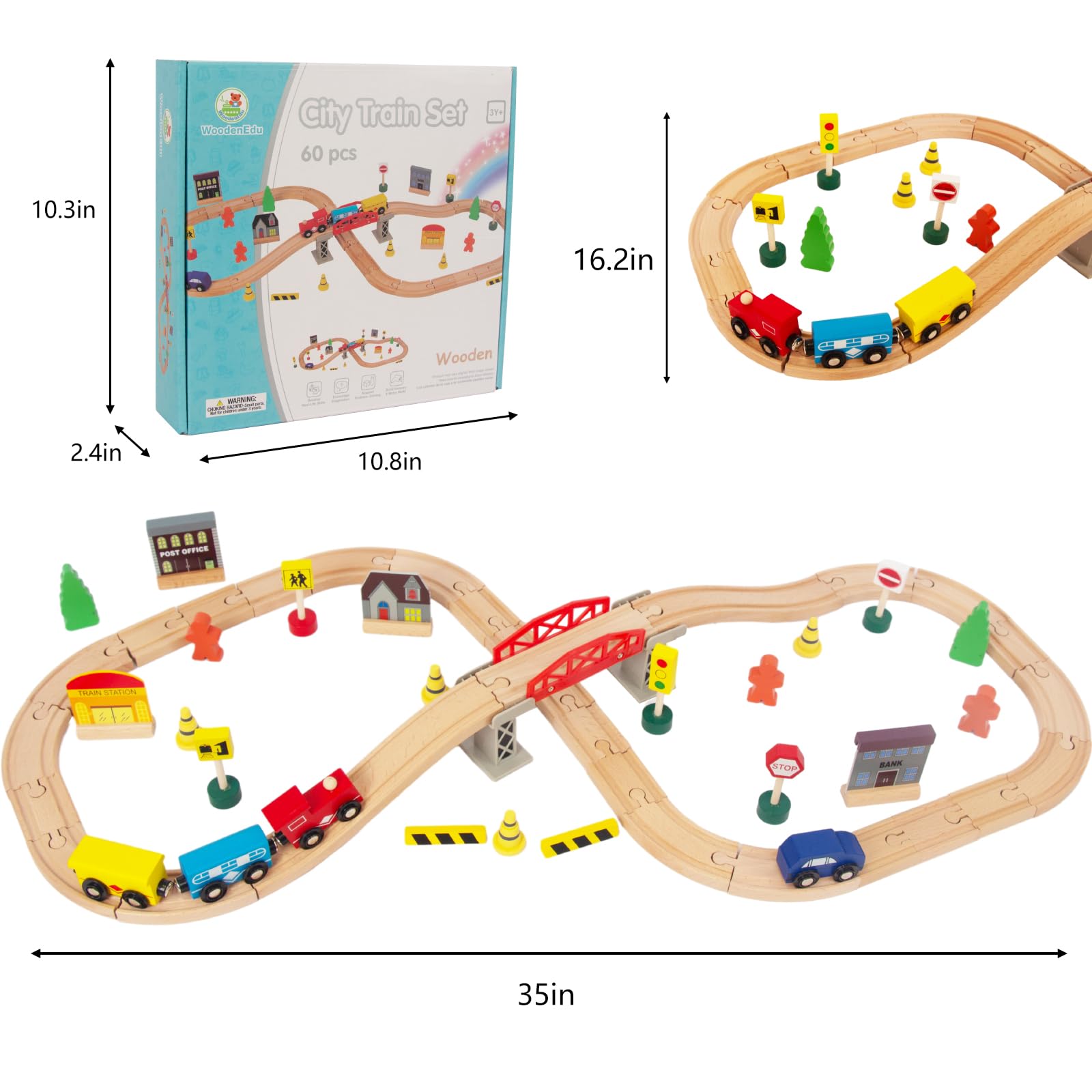 WoodenEdu 60Pcs Train Set for Toddlers, Bridge & Double-Side Wooden Train Set Tracks, Fits Brio, Thomas, Melissa and Doug, Kids Gift Toys for 3 4 5 Years Old Boys Girls