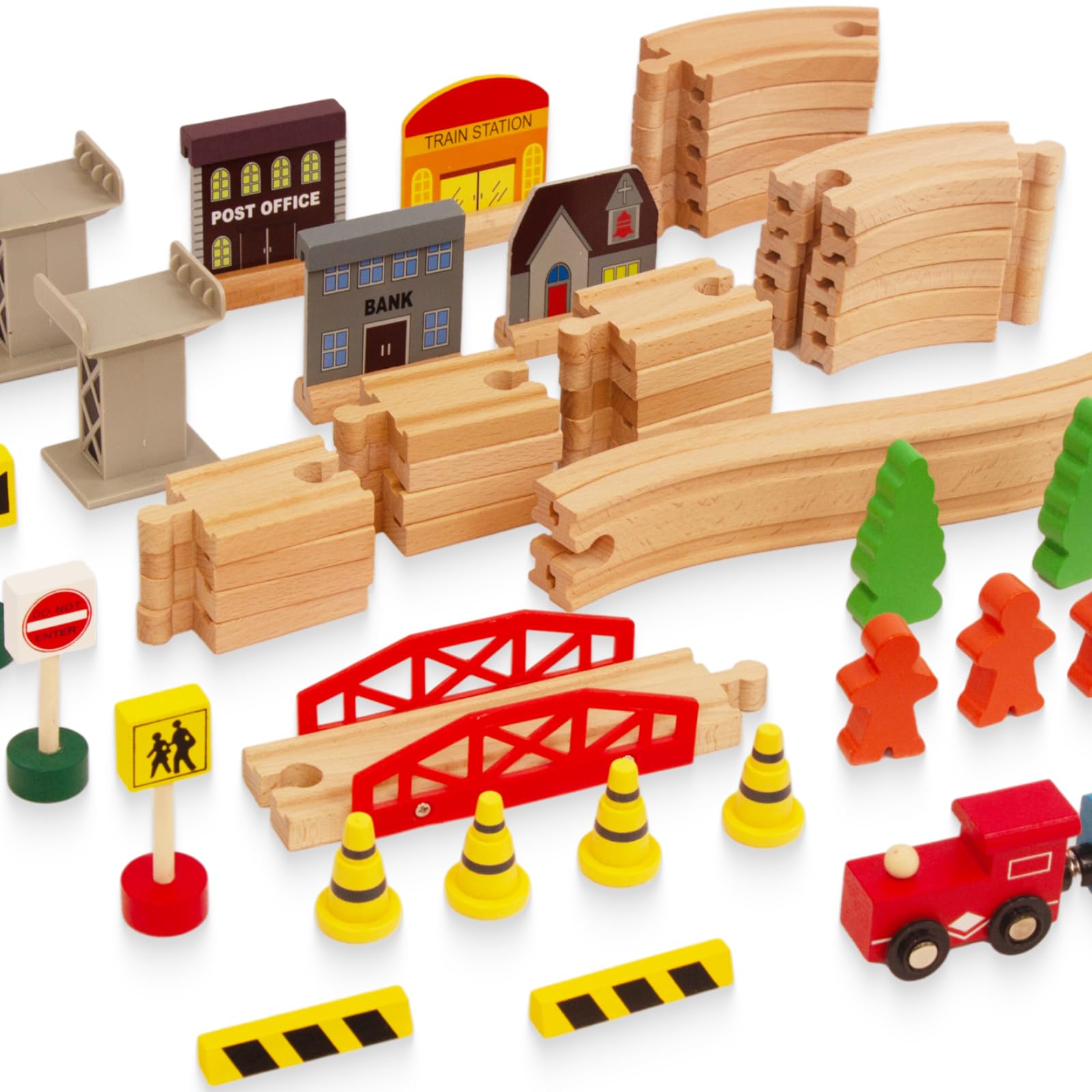 WoodenEdu 60Pcs Train Set for Toddlers, Bridge & Double-Side Wooden Train Set Tracks, Fits Brio, Thomas, Melissa and Doug, Kids Gift Toys for 3 4 5 Years Old Boys Girls