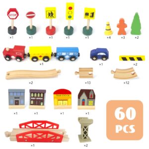 WoodenEdu 60Pcs Train Set for Toddlers, Bridge & Double-Side Wooden Train Set Tracks, Fits Brio, Thomas, Melissa and Doug, Kids Gift Toys for 3 4 5 Years Old Boys Girls