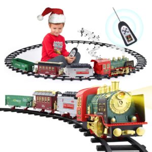 Train Set for Boys Girls, Christmas Electric Train Set with Steam, Sound & Light, Remote Control Train Toys w/Steam Locomotive Engine, Cargo Cars for Kids Boys 3 4 5 6 7 8 Year Old (M, Christmas)