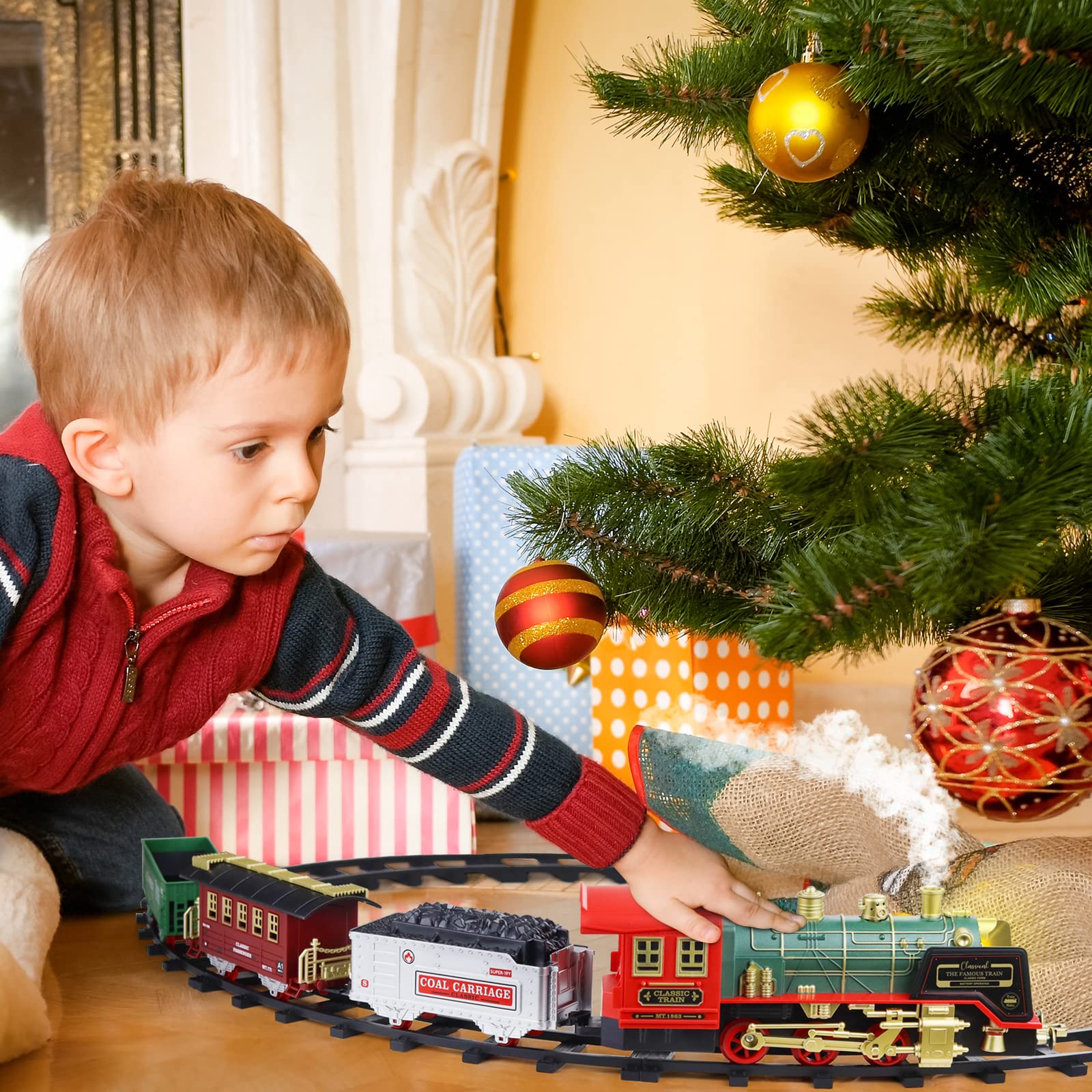 Train Set for Boys Girls, Christmas Electric Train Set with Steam, Sound & Light, Remote Control Train Toys w/Steam Locomotive Engine, Cargo Cars for Kids Boys 3 4 5 6 7 8 Year Old (M, Christmas)