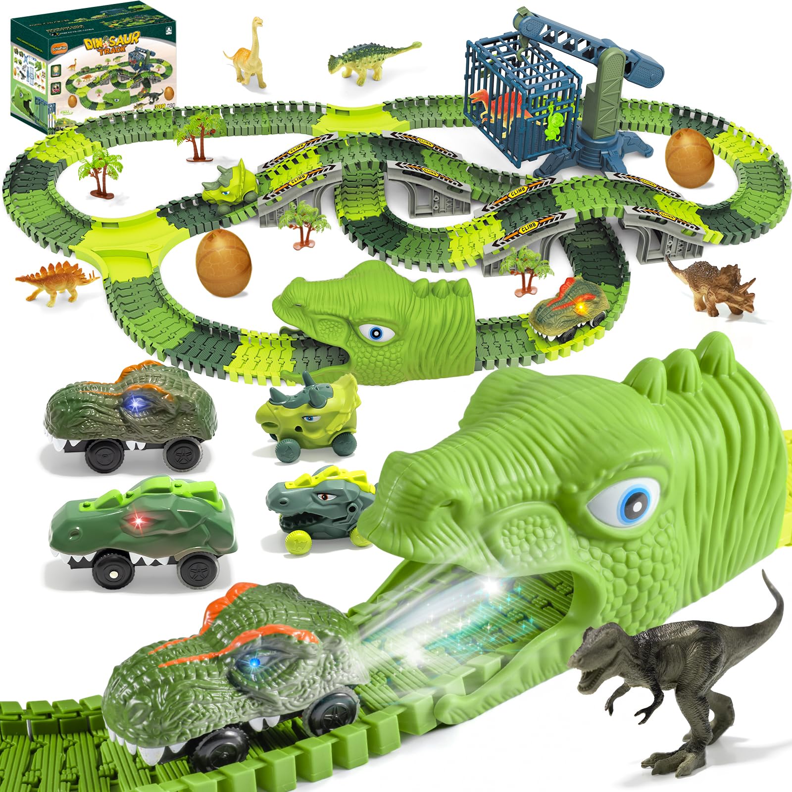 EchoPlan Dinosaur Toys, 309PCS Dinosaur Race Track Train Toy with 4 Dino Cars, 6 Dino Toys, 270 Track set,Create A Dino World Road Race, Toys for Boys kids toddlers 3 4 5 6 7 8 10+ Year Old & Up