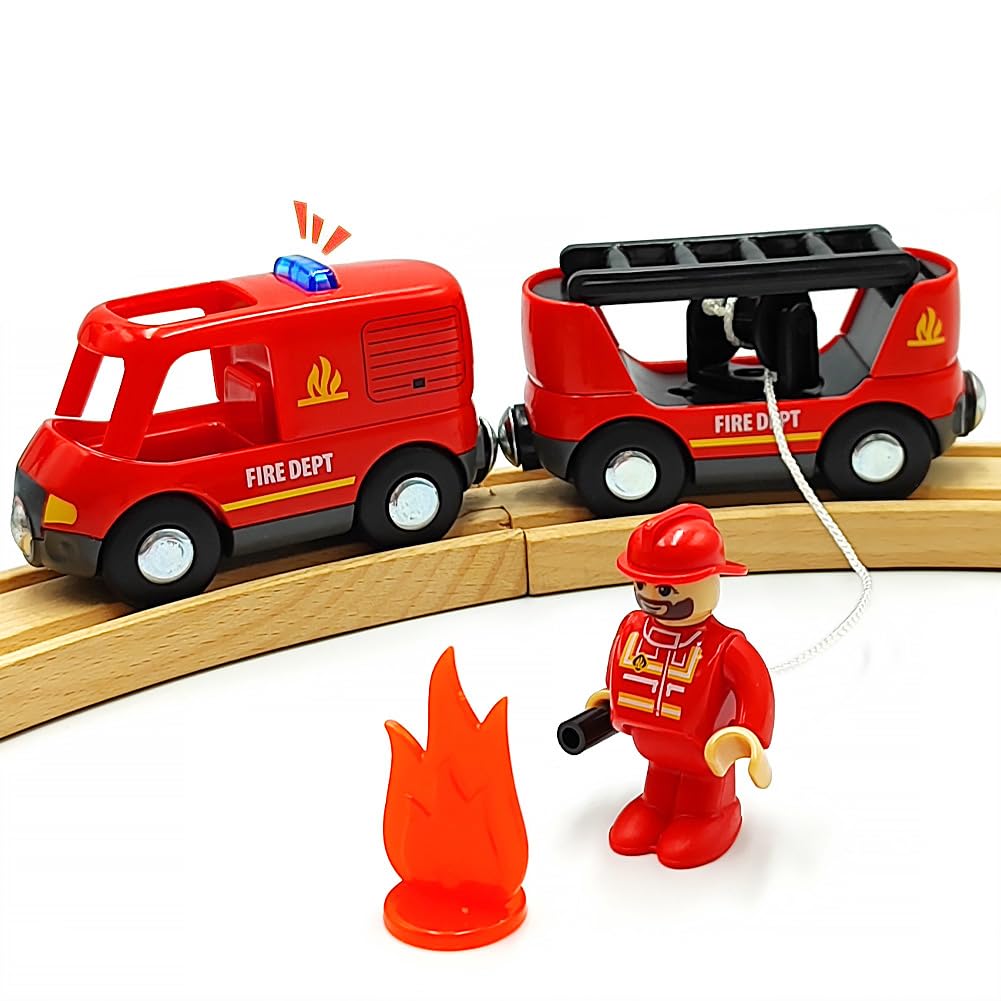 Magnetic Trains Cars Set Wooden Train Track Accessories Fire Truck Train Set for Toddlers 3-5 Wooden Train Sets for Boys Ages 3-4-7 (Fire Truck B (with Light and Sound))