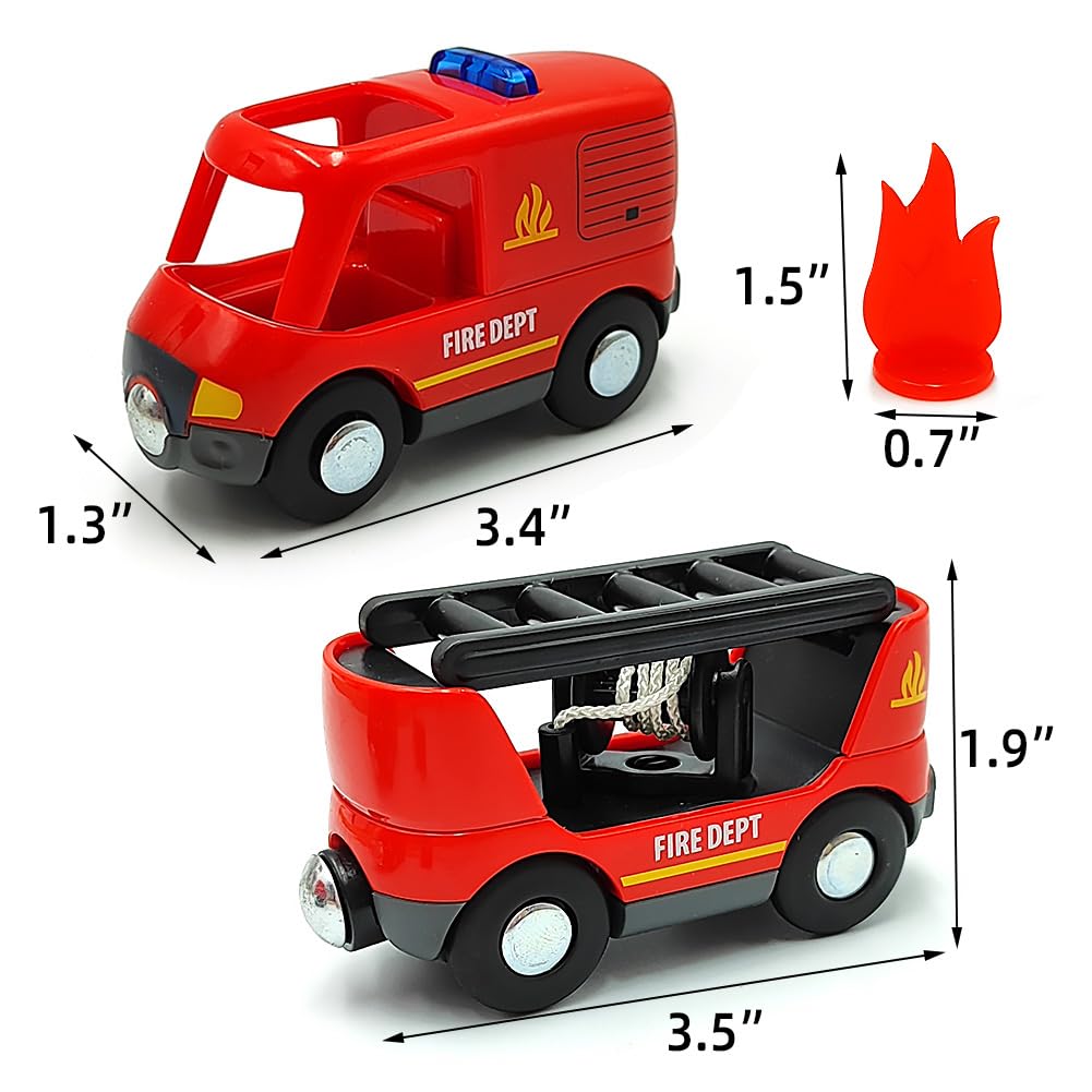 Magnetic Trains Cars Set Wooden Train Track Accessories Fire Truck Train Set for Toddlers 3-5 Wooden Train Sets for Boys Ages 3-4-7 (Fire Truck B (with Light and Sound))