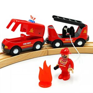 Magnetic Trains Cars Set Wooden Train Track Accessories Fire Truck Train Set for Toddlers 3-5 Wooden Train Sets for Boys Ages 3-4-7 (Fire Truck B (with Light and Sound))