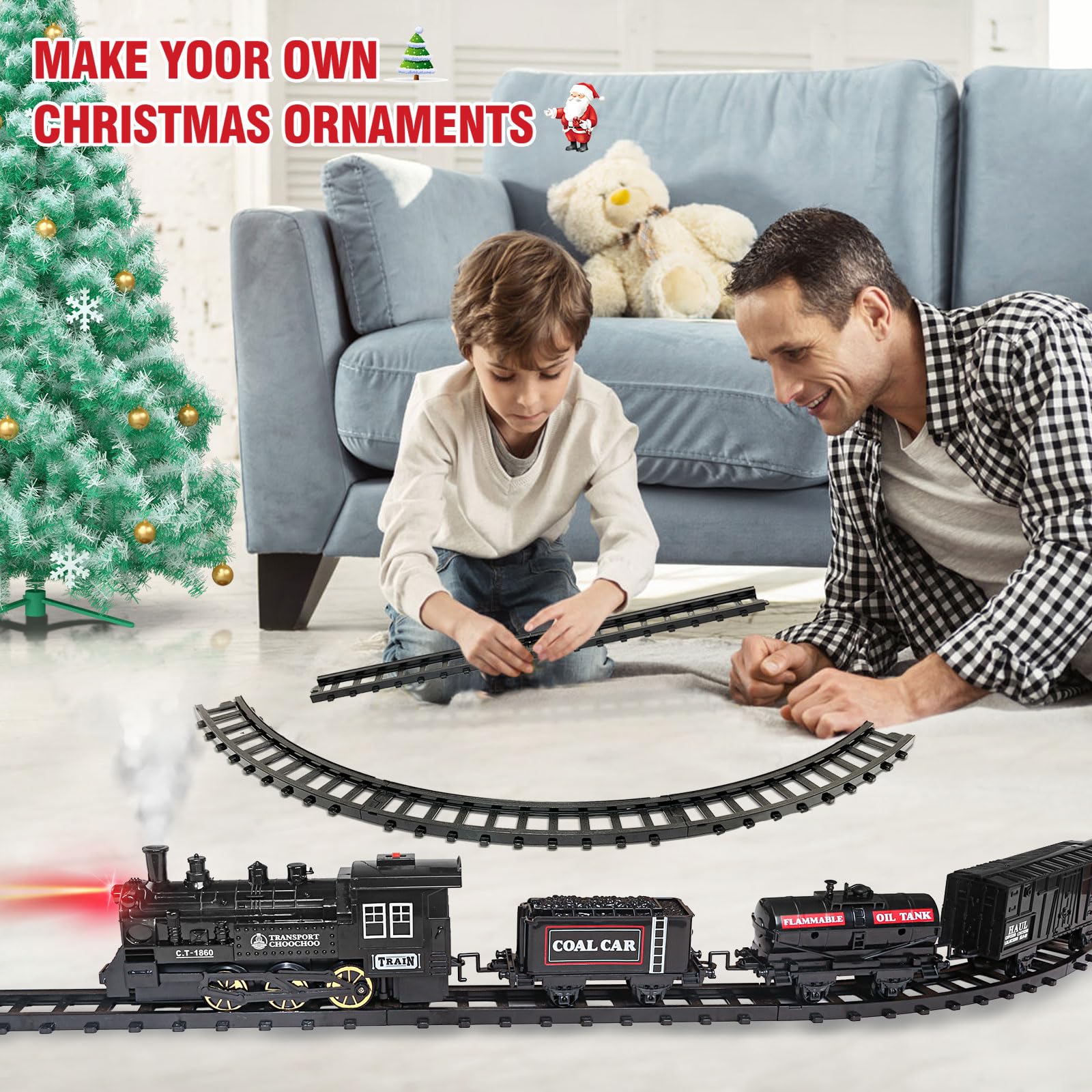 Train Set - Electric Train Toy Gift for Boys Girls,with Railway Kits,Steam Locomotive,Transport Vehicle &Tracks, Light,Smokes & Sound,Christmas Train Gifts for 3 4 5 6 7 8+ Year Old Kids