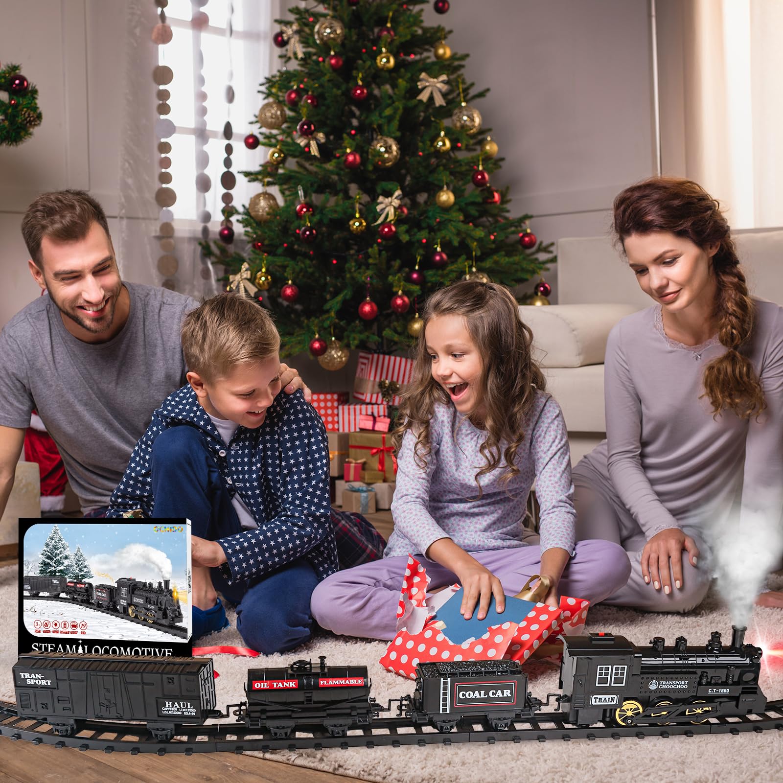 Train Set - Electric Train Toy Gift for Boys Girls,with Railway Kits,Steam Locomotive,Transport Vehicle &Tracks, Light,Smokes & Sound,Christmas Train Gifts for 3 4 5 6 7 8+ Year Old Kids