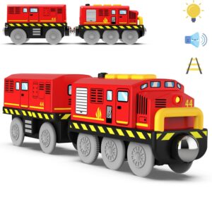 wooden train track accessories battery operated locomotive train, motorized train for toddlers with magnetic connection, powerful engine train vehicles (red battery operated train with lights)