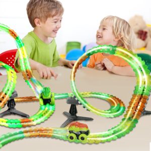 Dinosaur Race Car Tracks Toys Set for Kids Boys Girls Ages 3 4 5 6+ Electric Dinosaur Turkc Cars with Strong Suction Cup,Steady Tripod 130+ Pcs Flexible Train Car Tracks Birthday Gift Christmas