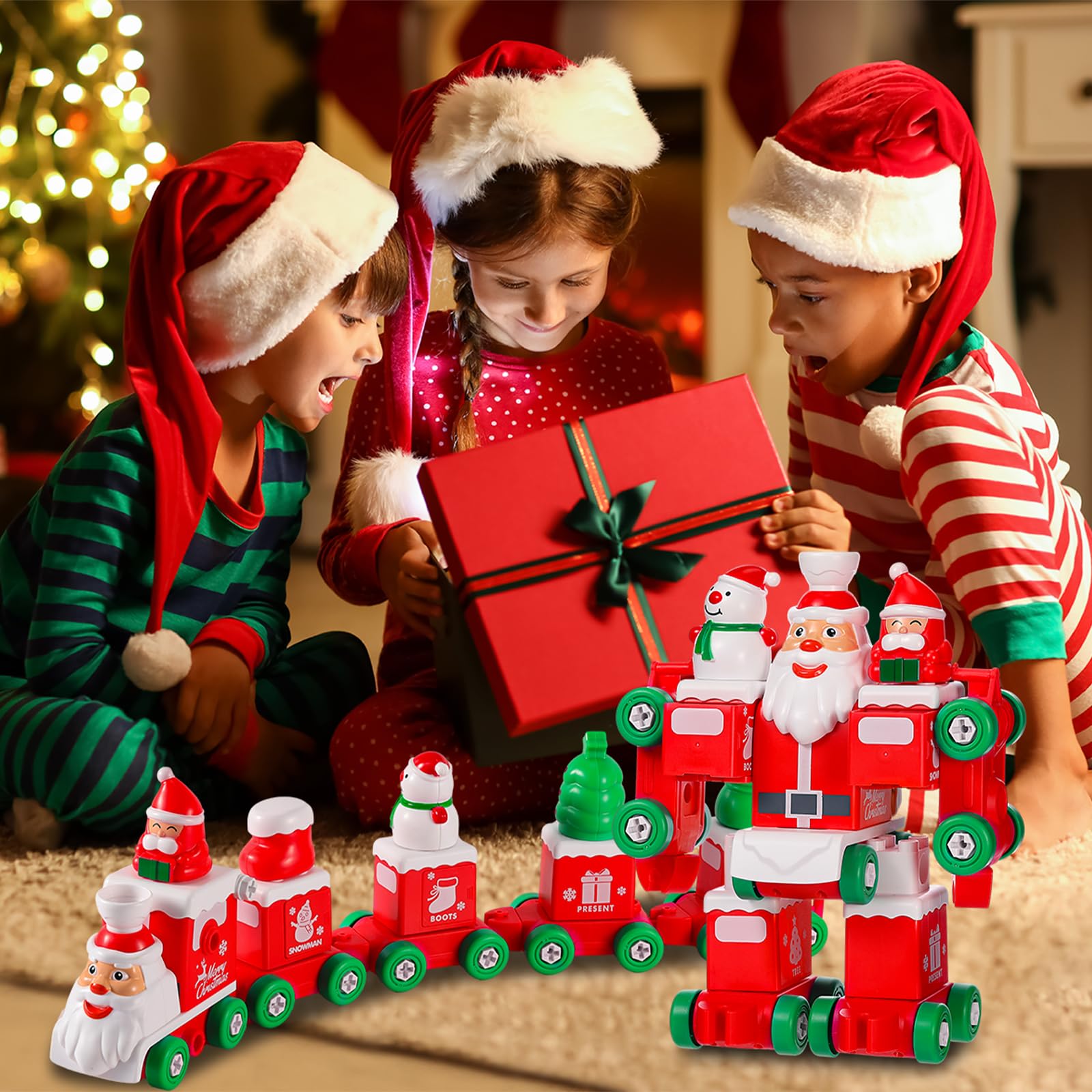 Sratte Christmas Building Blocks Trains Toys Set for Kids Transformable Santa Claus Robot Toy Christmas Train Building Toys for Indoor Christmas Decorations Holiday Birthday Gifts for Boys and Girls