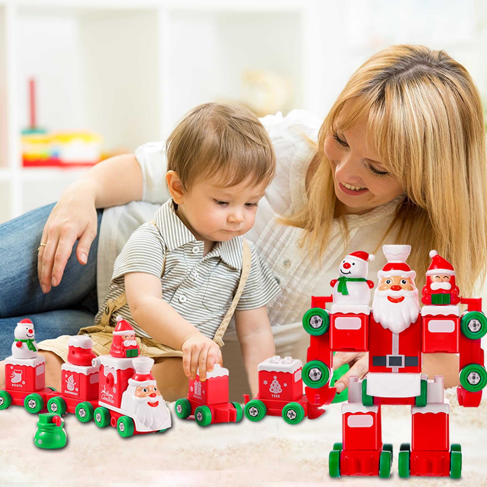 Sratte Christmas Building Blocks Trains Toys Set for Kids Transformable Santa Claus Robot Toy Christmas Train Building Toys for Indoor Christmas Decorations Holiday Birthday Gifts for Boys and Girls