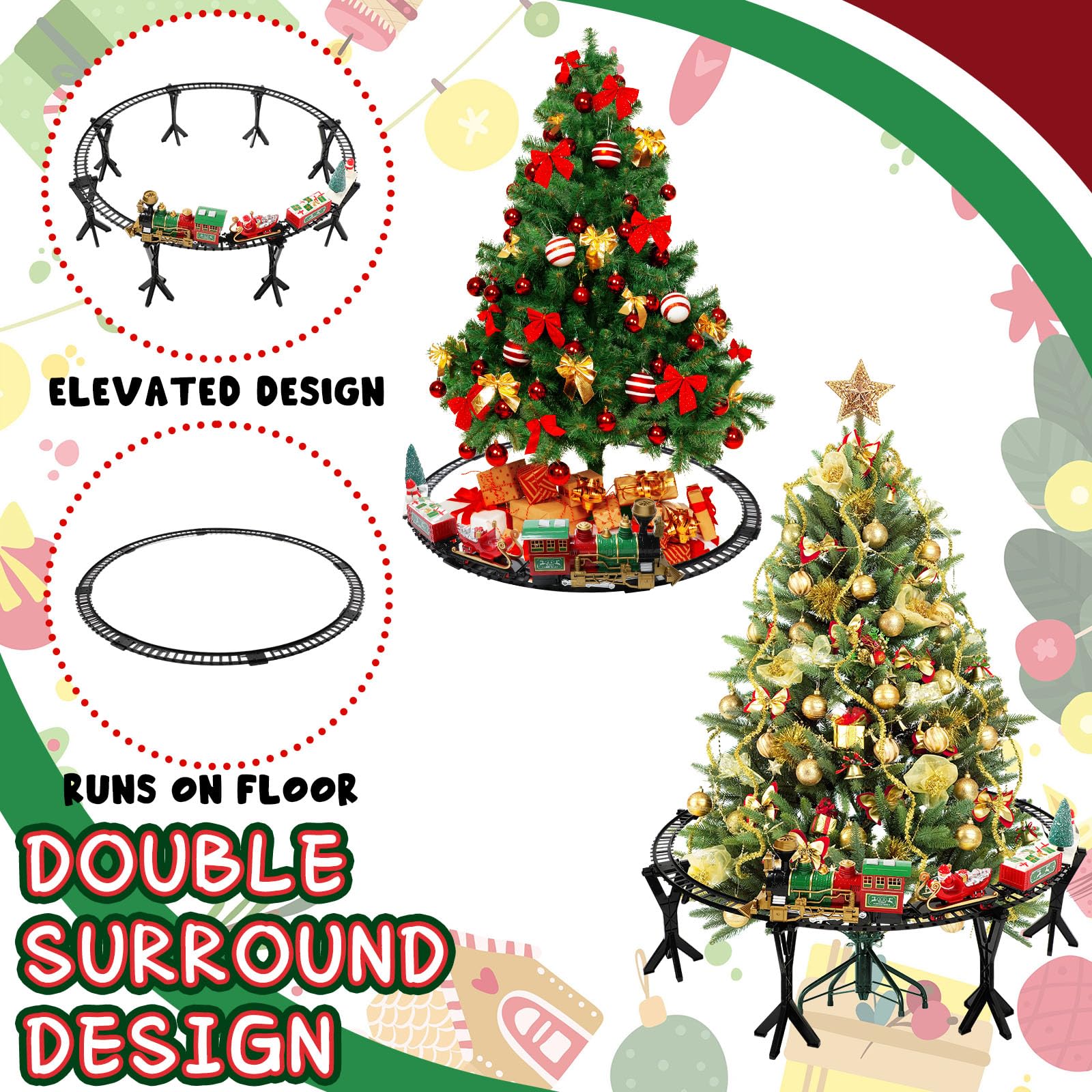 Deekin Christmas Train Set Under the Christmas Tree, Electric Xmas Train Toy for Kids Gift, Christmas Train Elevated with Locomotive Santa Claus Snowman Christmas Tree for Holiday Christmas Decoration